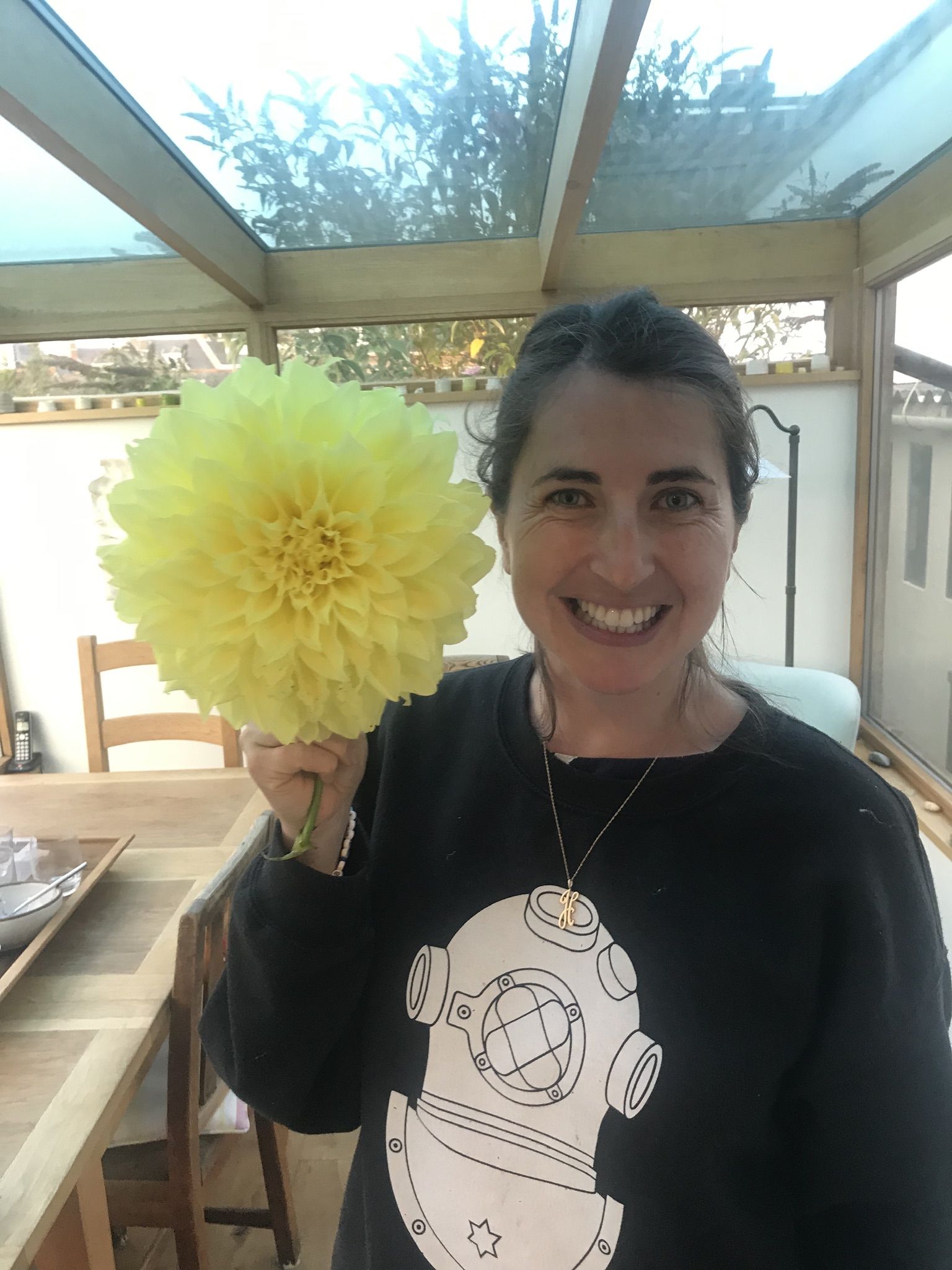 She is holding a yellow flower and his backside keeps the table & chairs | Yoga Nidra Network